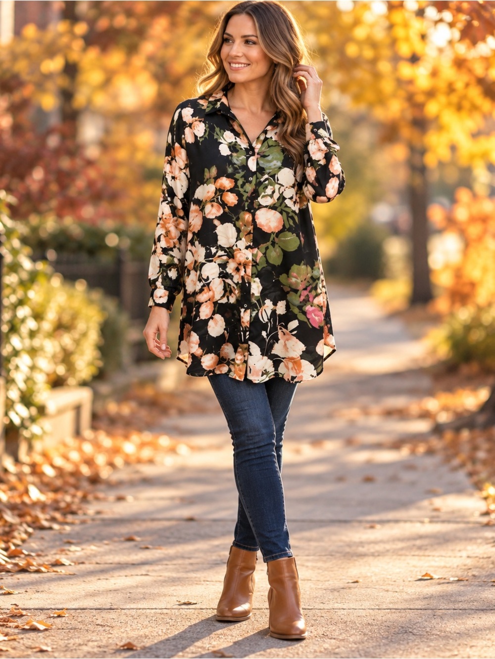Entro Floral Button Down Tunic Blouse Black Multicolor Size Large